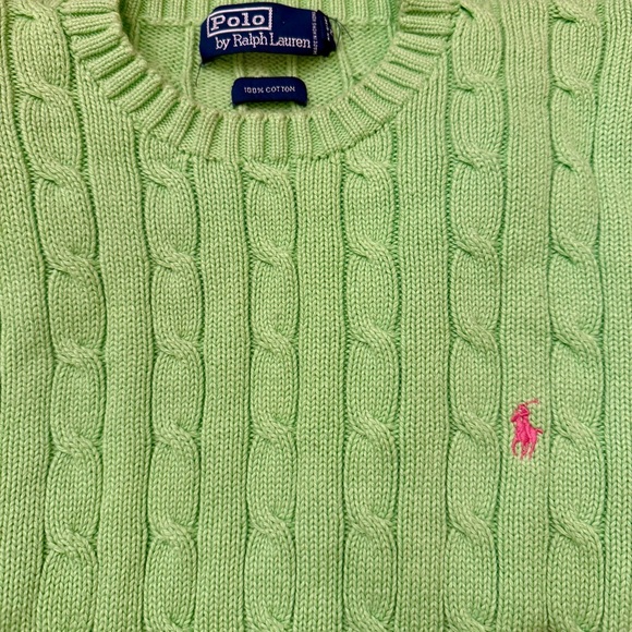 Polo Ralph Lauren green cotton cable-knit preppy sweater pink embroidered pony - Picture 10 of 10